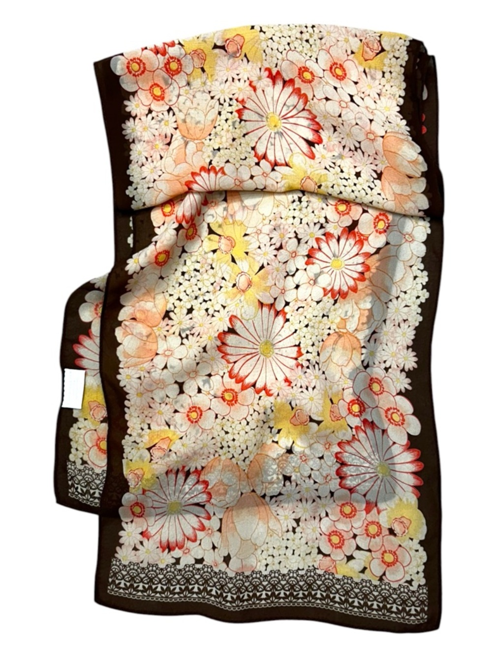 Vintage Floral Brown Border Scarf Charter Club Silk Peach Yellow Cream Flowers